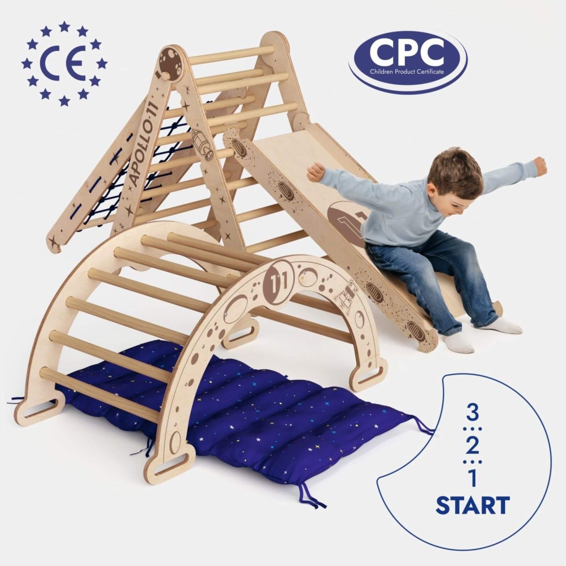 Children's wooden climbing toy with slide, child playing on it, and CPC certification logo.