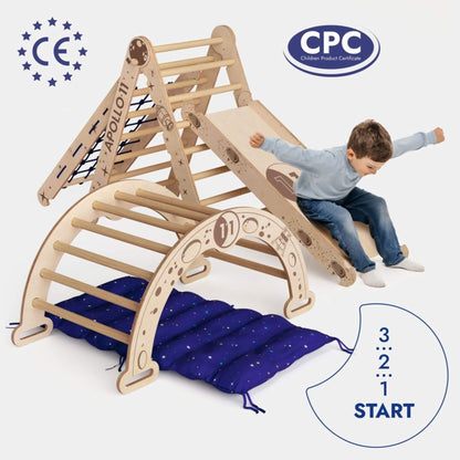 Children's wooden climbing toy with slide, child playing on it, and CPC certification logo.