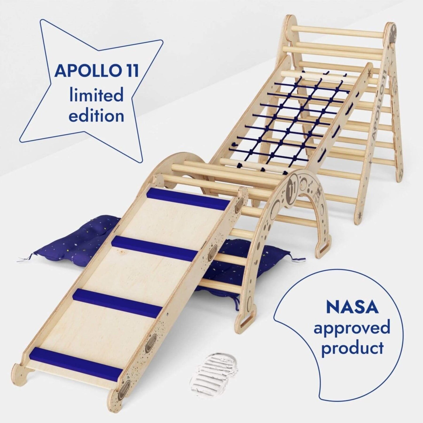 Wooden climbing toy with slide, labeled 'Apollo 11 limited edition' and 'NASA approved product', on a white background.
