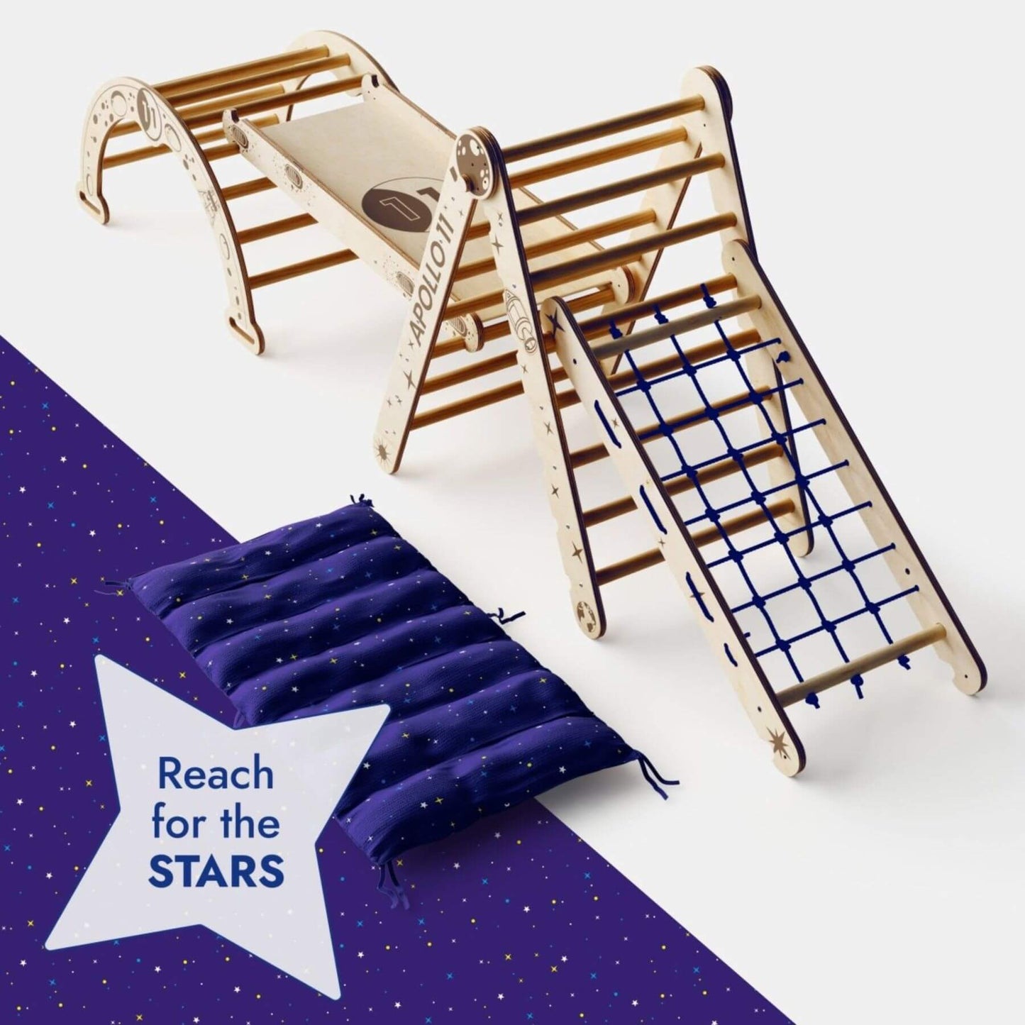 Children's play equipment with slide and ladder on a white background, featuring a motivational quote.