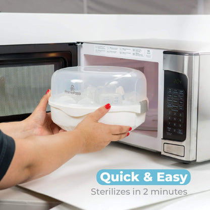Person Putting Primo Passi Microwave Baby Bottle Sterilizer into a microwave