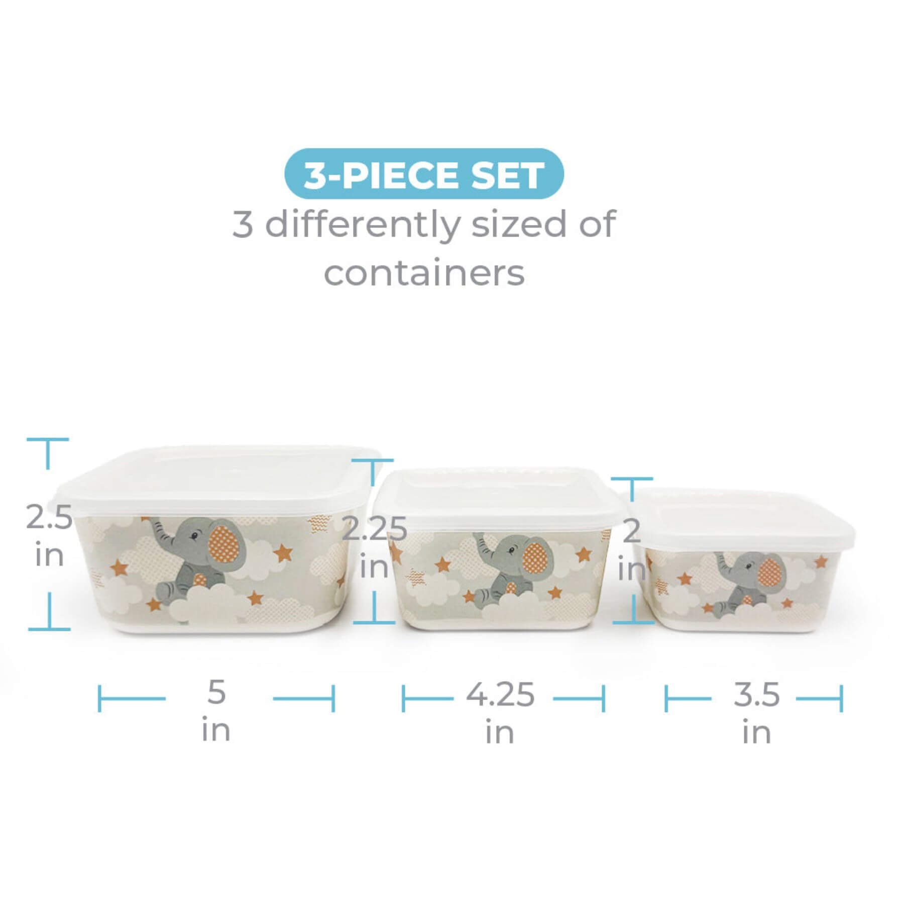 Primo Passi Bamboo Fiber Kids Food Containers, Set of 3, Little Elephant with dimensions