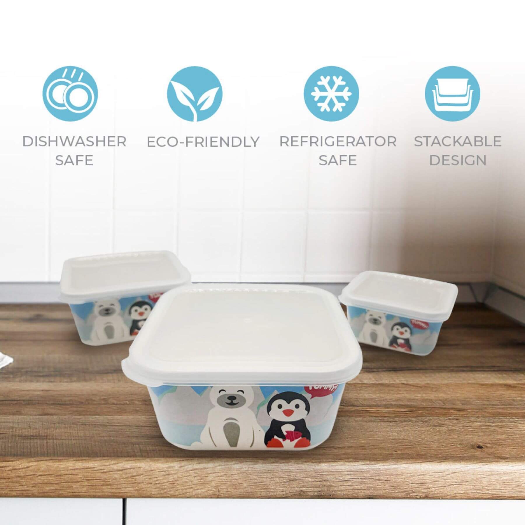 Primo Passi Bamboo Fiber Kids Food Containers - Set of 3, Winter Friends with features
