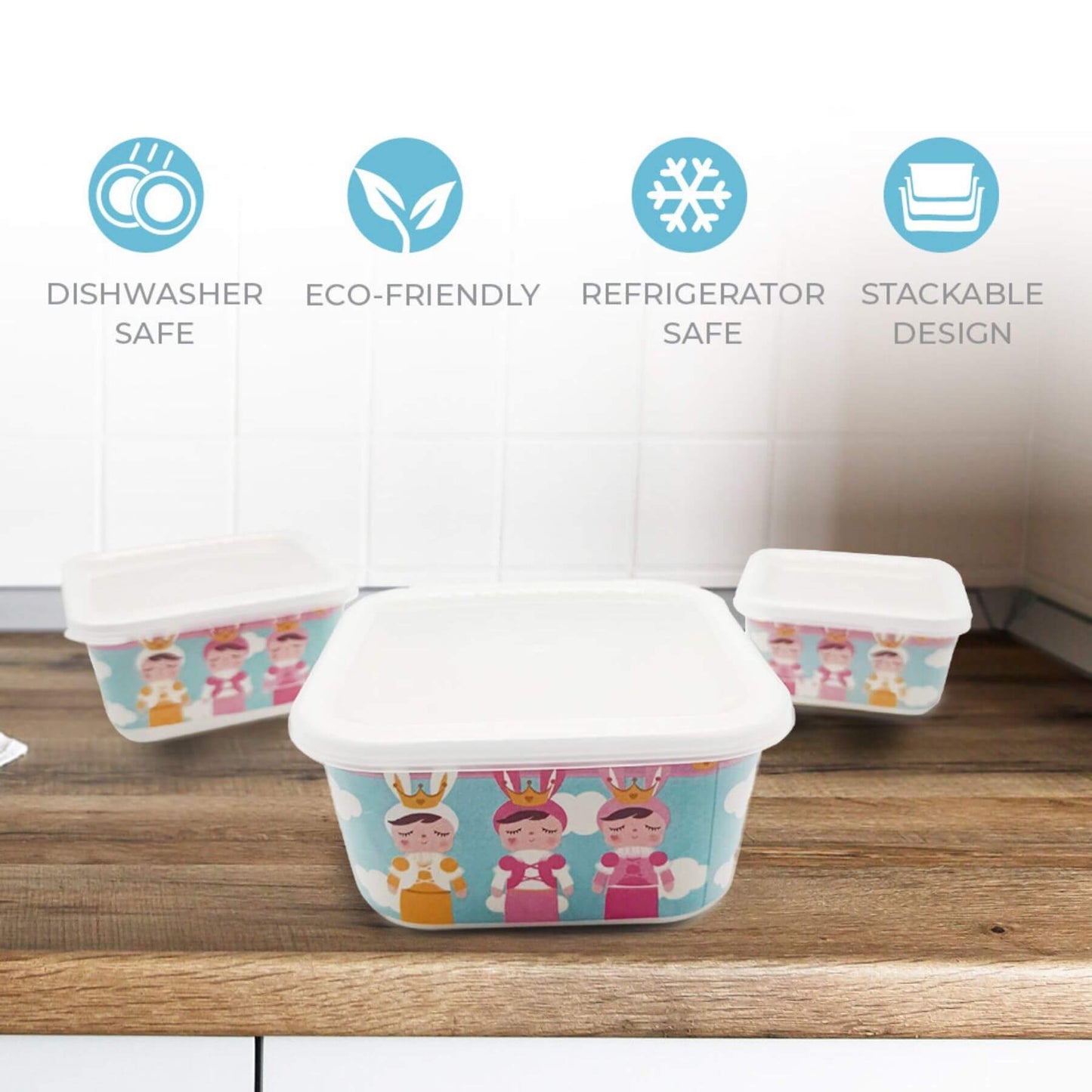 Primo Passi - Bamboo Fiber Kids Food Containers, Set of 3, Metoo with features
