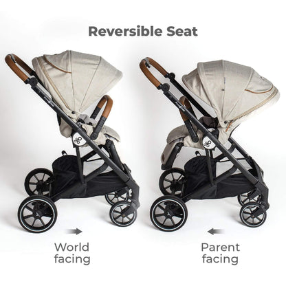 Reversible seat stroller showing world-facing and parent-facing positions on a white background.