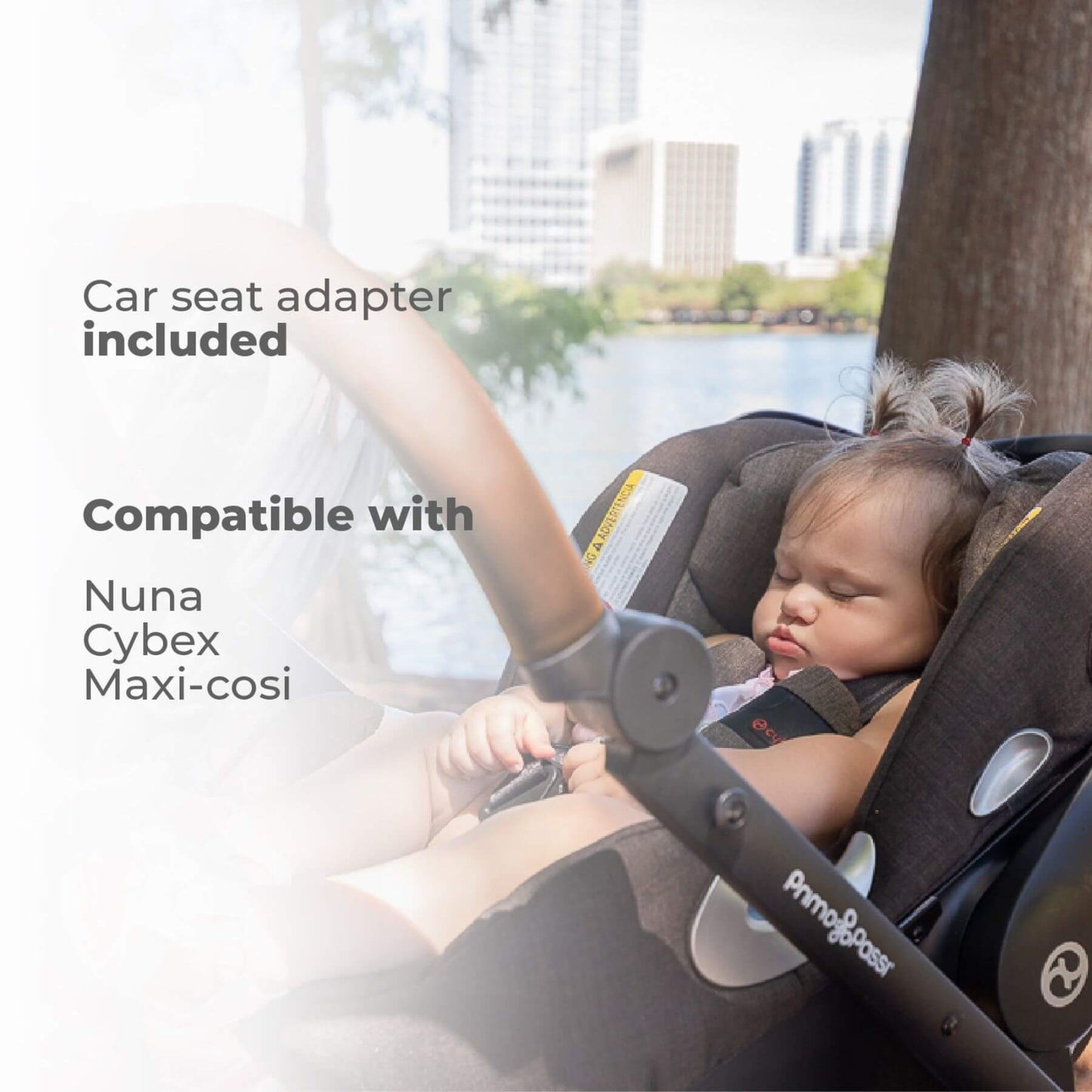 Child in a stroller with text about car seat adapter compatibility.