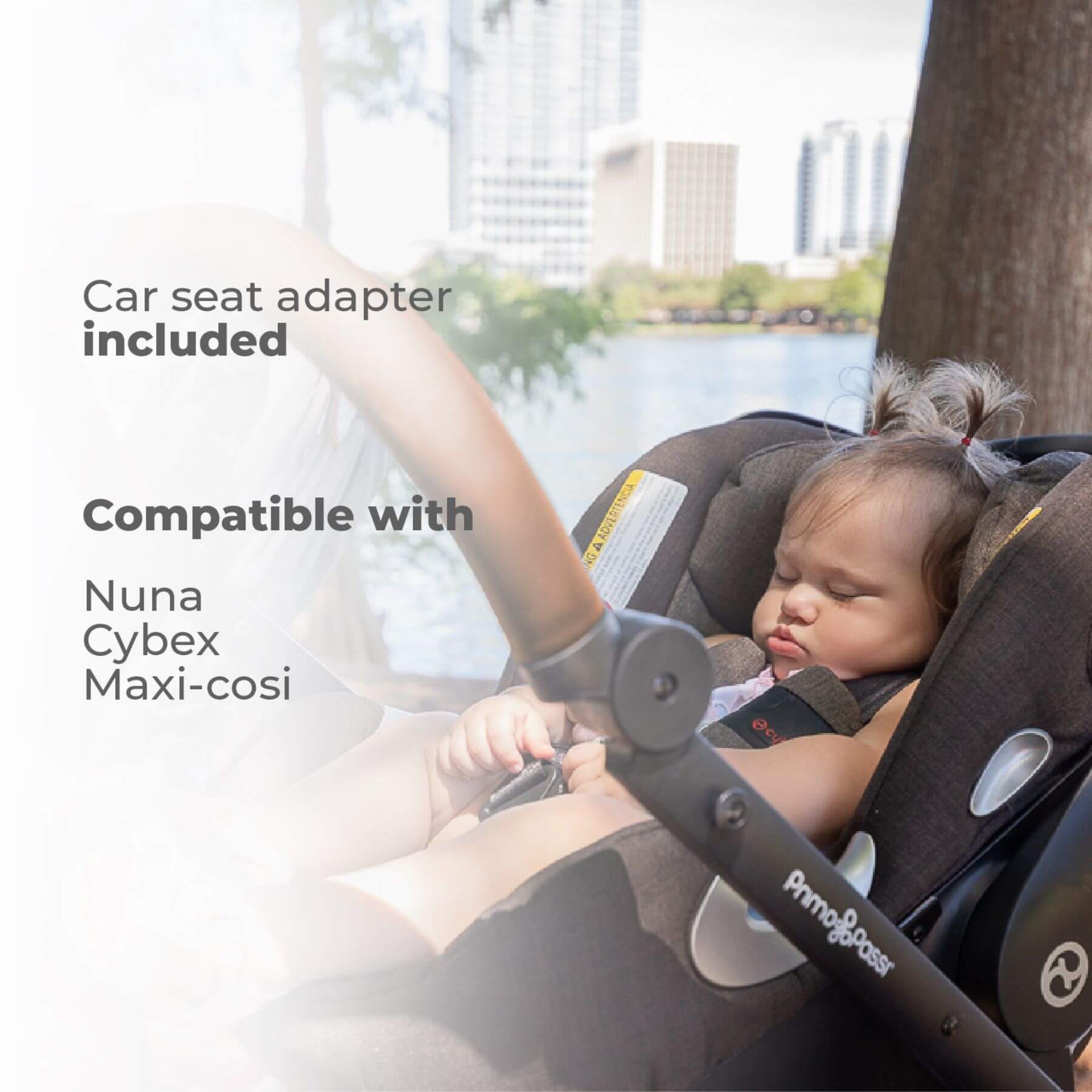 Child in a stroller with text about car seat adapter compatibility.