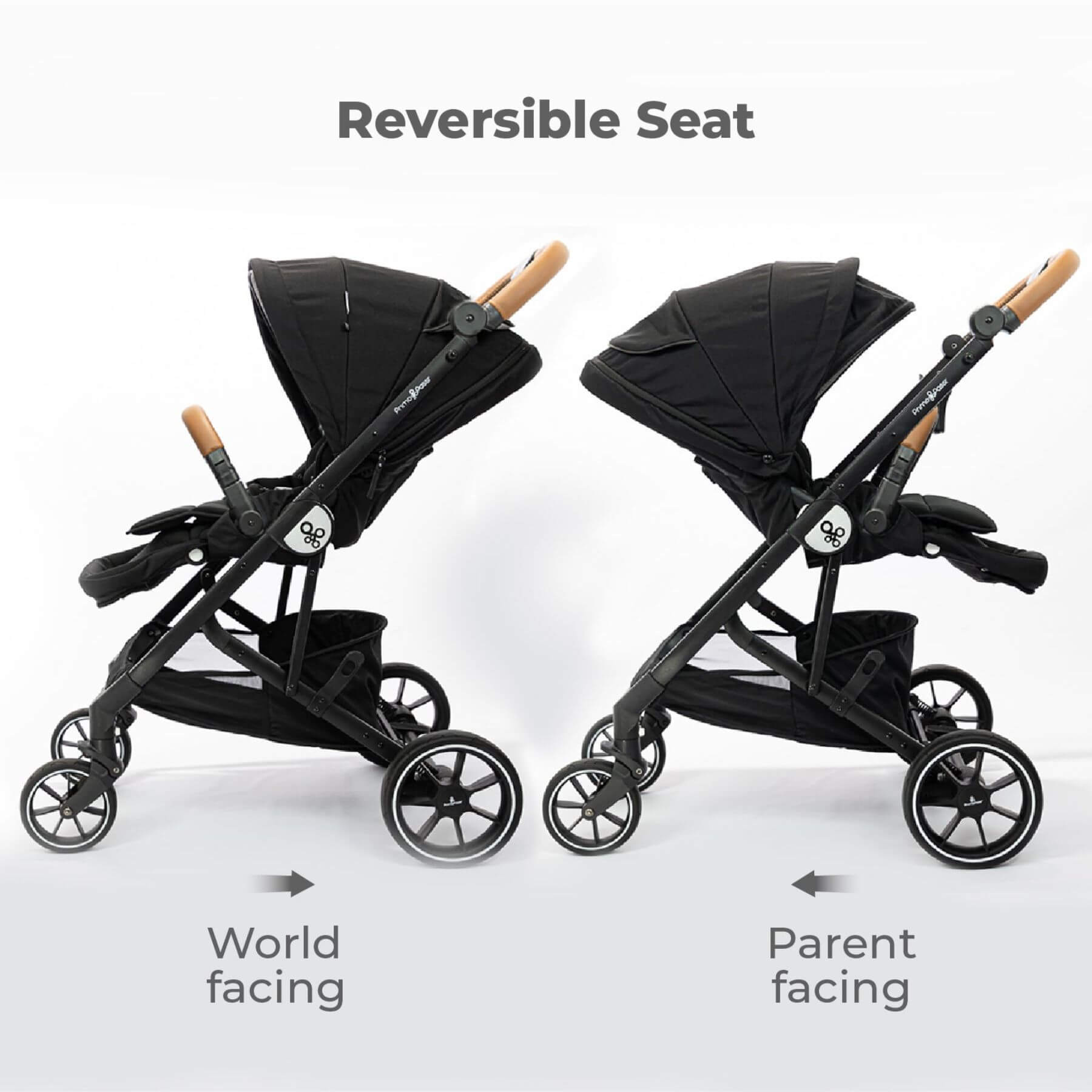 Primo Passi Icon Baby Stroller V2 Black with reversible seat feature on a white background