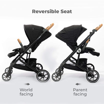 Primo Passi Icon Baby Stroller V2 Black with reversible seat feature on a white background
