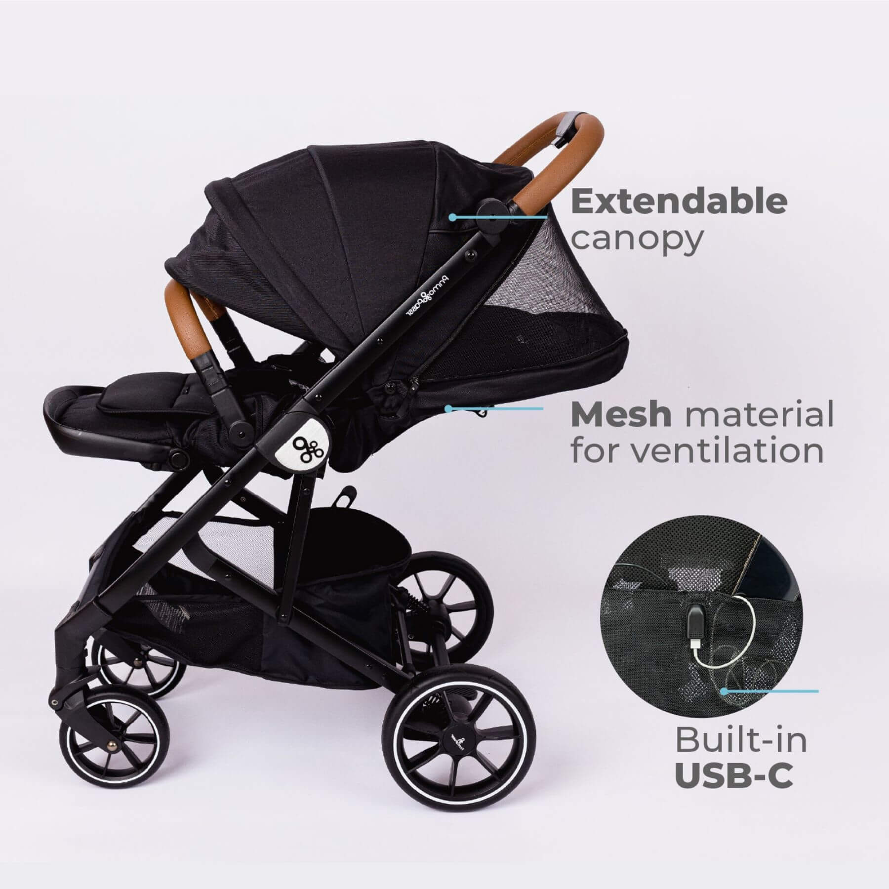 Primo Passi Icon Baby Stroller V2 Black with extendable canopy and mesh material feature on a white background