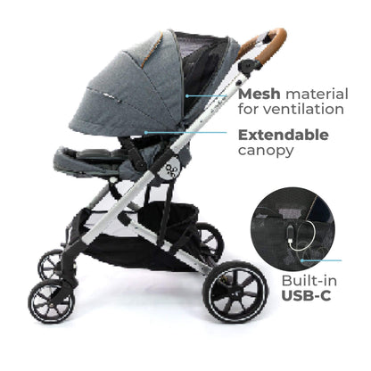 Primo Passi Icon Baby Stroller V2 Grey with features highlighted