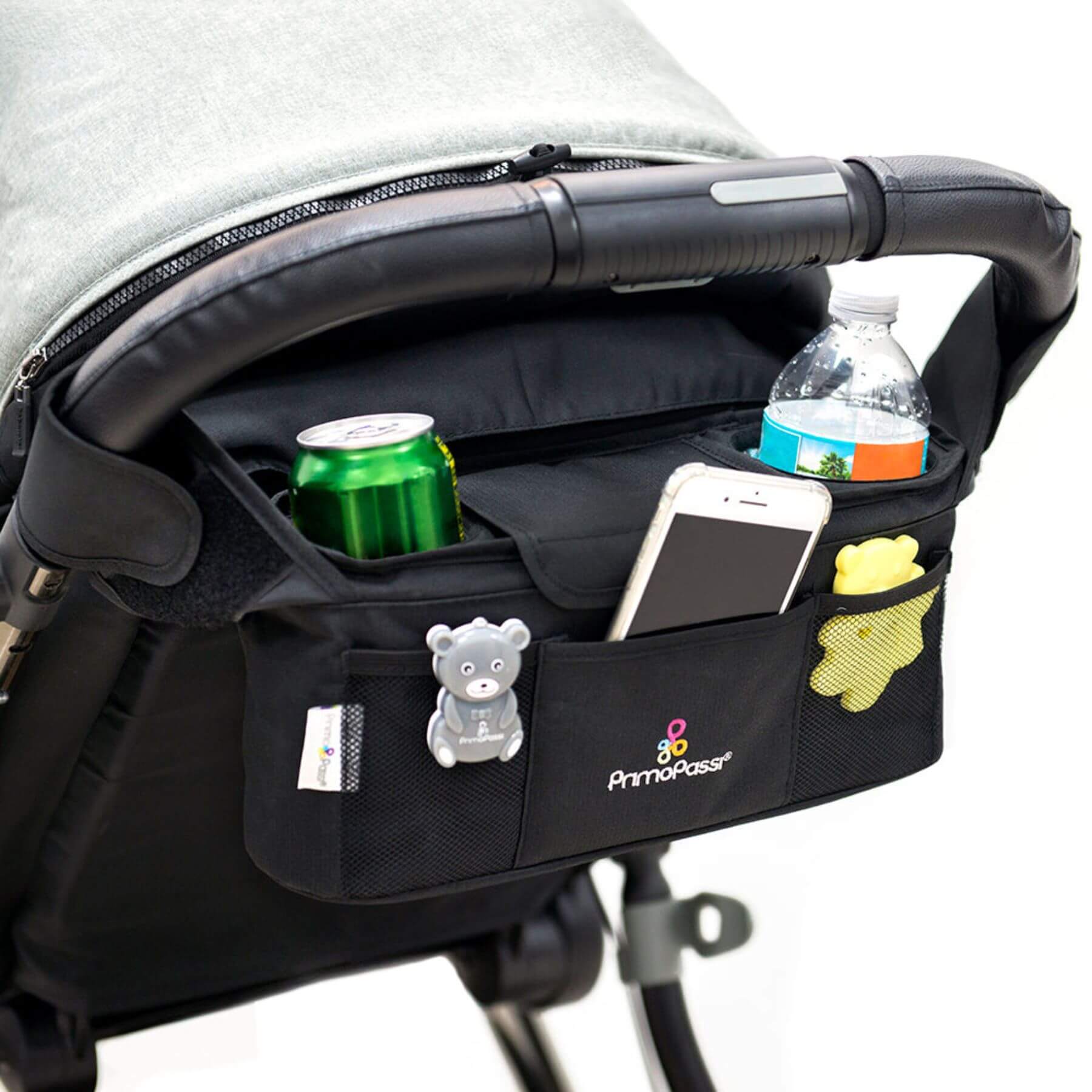 Primo Passi Stroller Handle Organizer with drink holders, phone case, and water bottle
