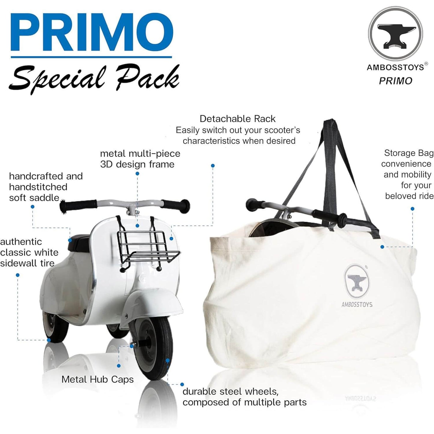 Primo Super White Ride-On Scooter - Features