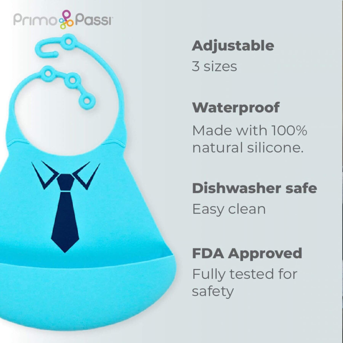 Primo Passi Silicone Baby Bib - Blue Tie on a white background, featuring text about product features.