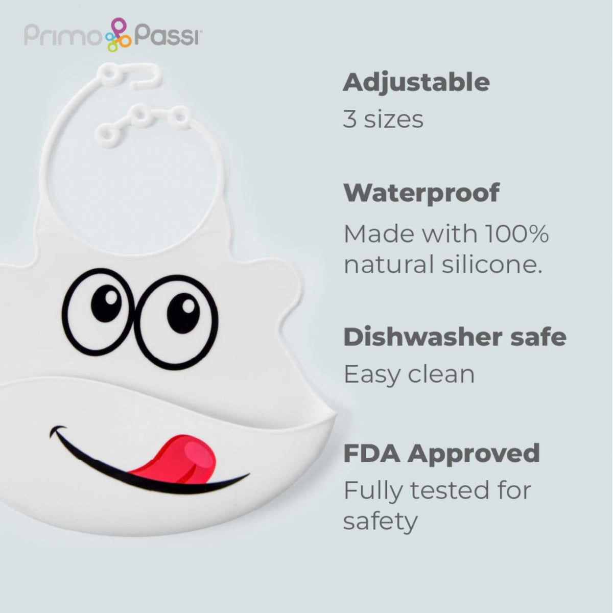 Primo Passi Silicone Baby Bib - White Face, shown on a light gray background with product feature text including adjustable 3 sizes, waterproof, dishwasher safe, and FDA approved. Primo Passi logo is visible in the top left.