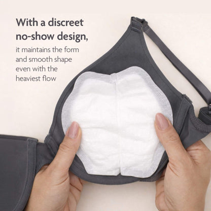 A close-up of a dark gray bra being held open by two hands to show a white, discreet sanitary pad underneath. Text on the left explains the discreet no-show design.