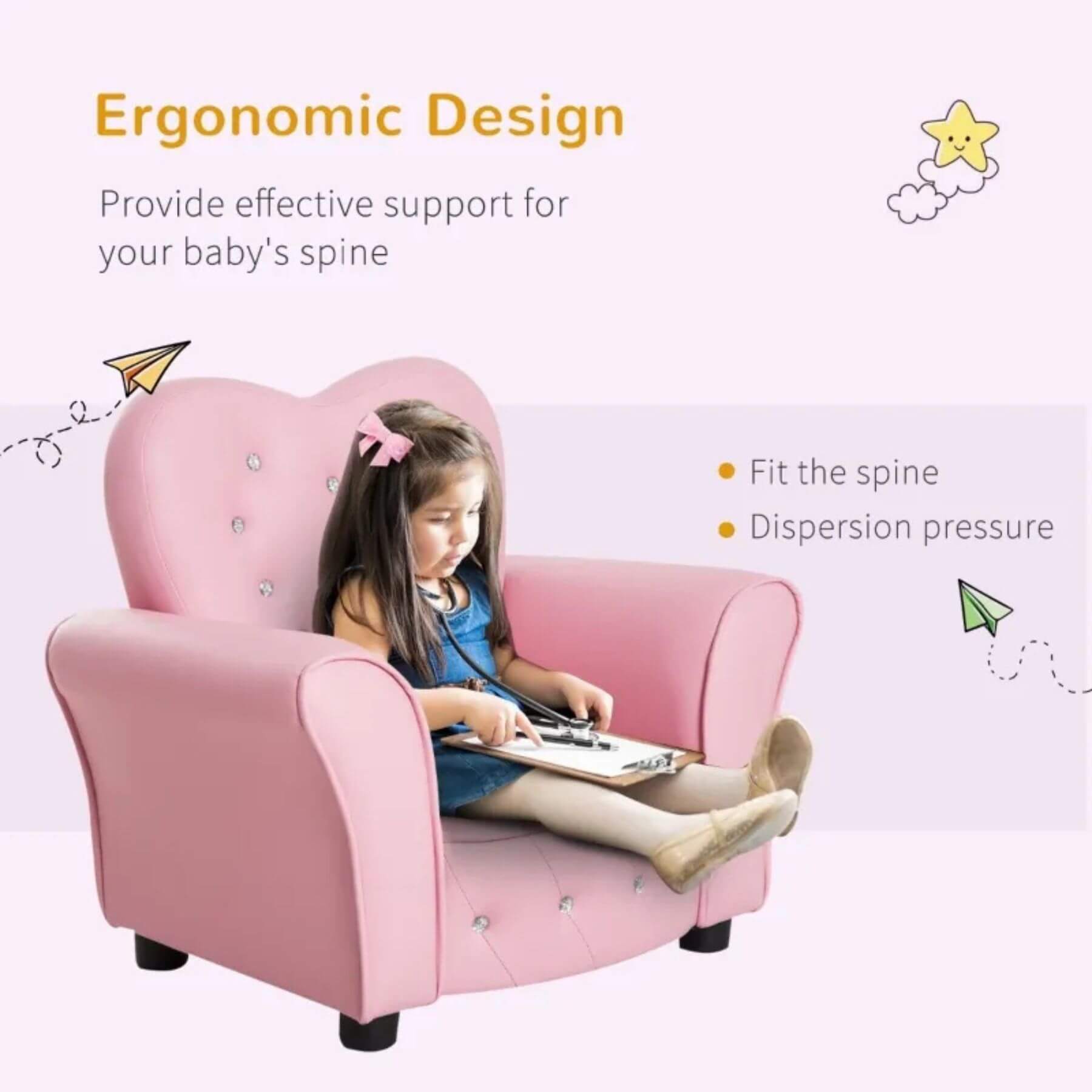 Girl Sitting on Qaba Princess Couch with Diamond Decoration for Preschool Child Pink