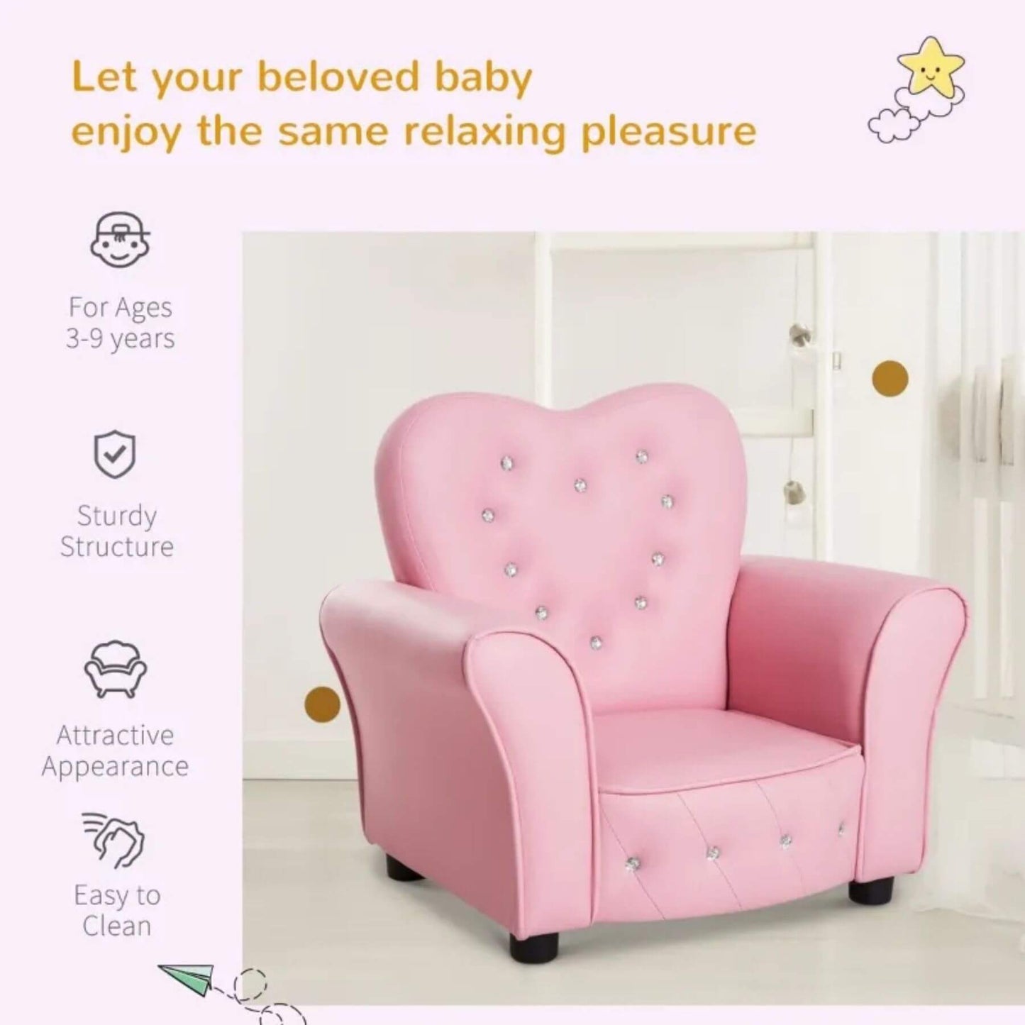 Qaba Princess Couch with Diamond Decoration for Preschool Child Pink