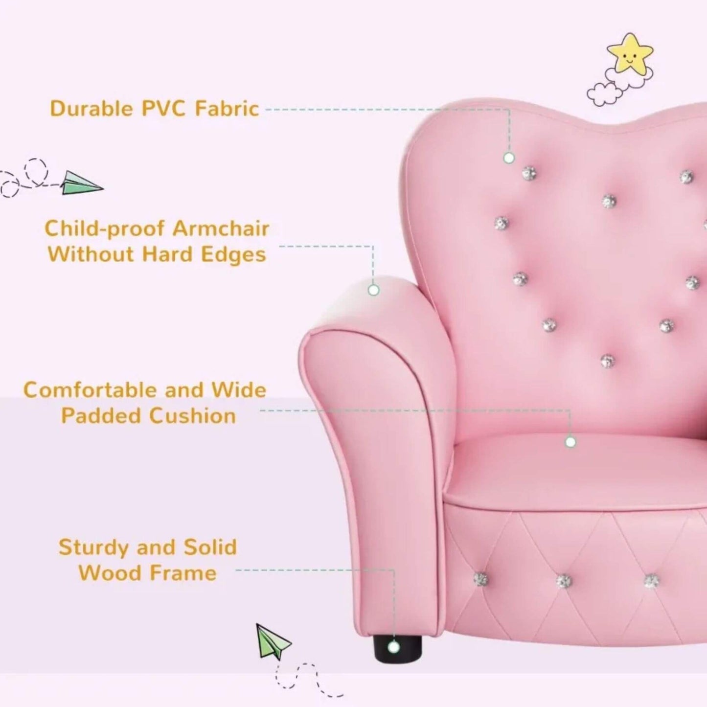 Detail of Qaba Princess Couch with Diamond Decoration for Preschool Child Pink