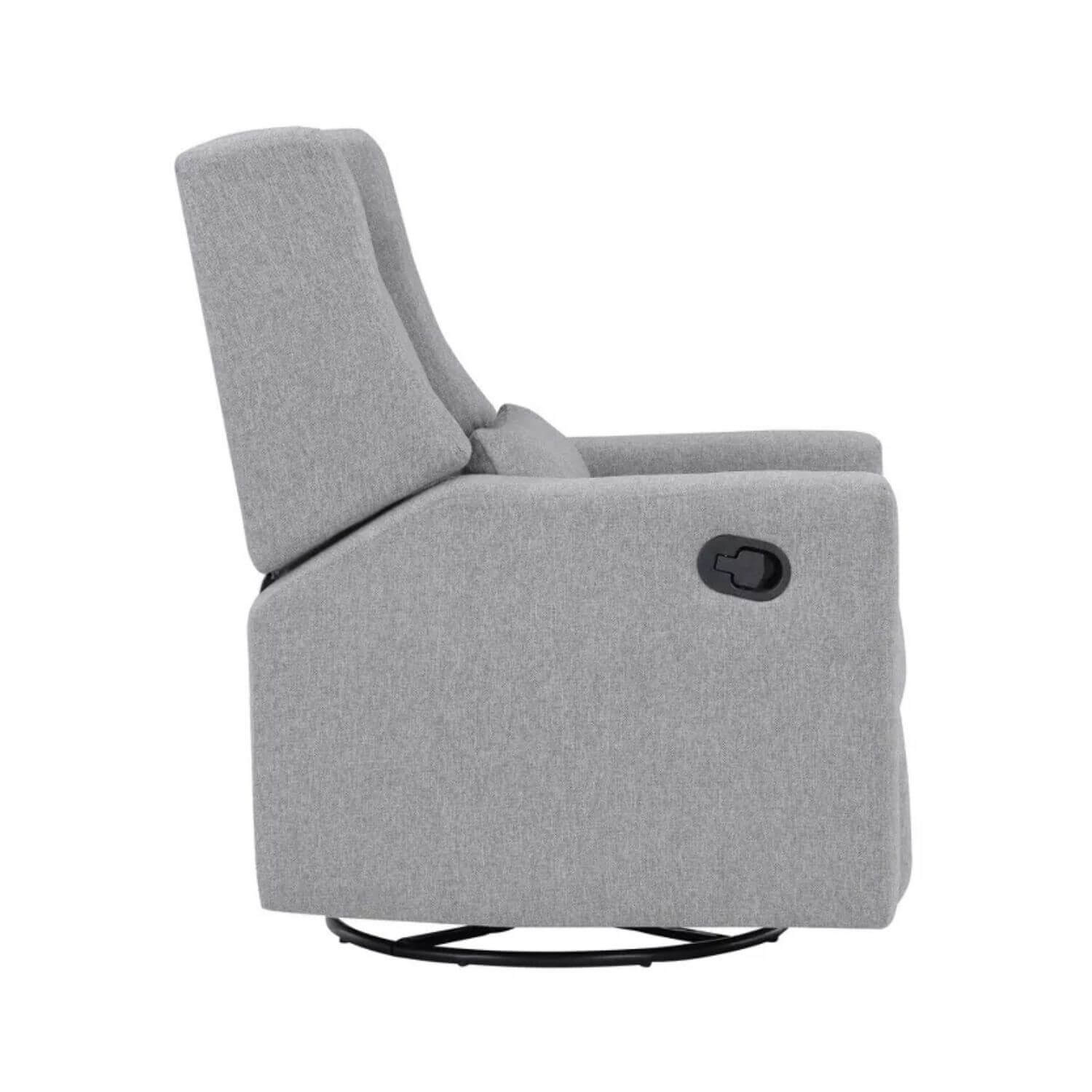 Side View of Pronto Swivel Glider Recliner with Pillow Rich Gray Fabric