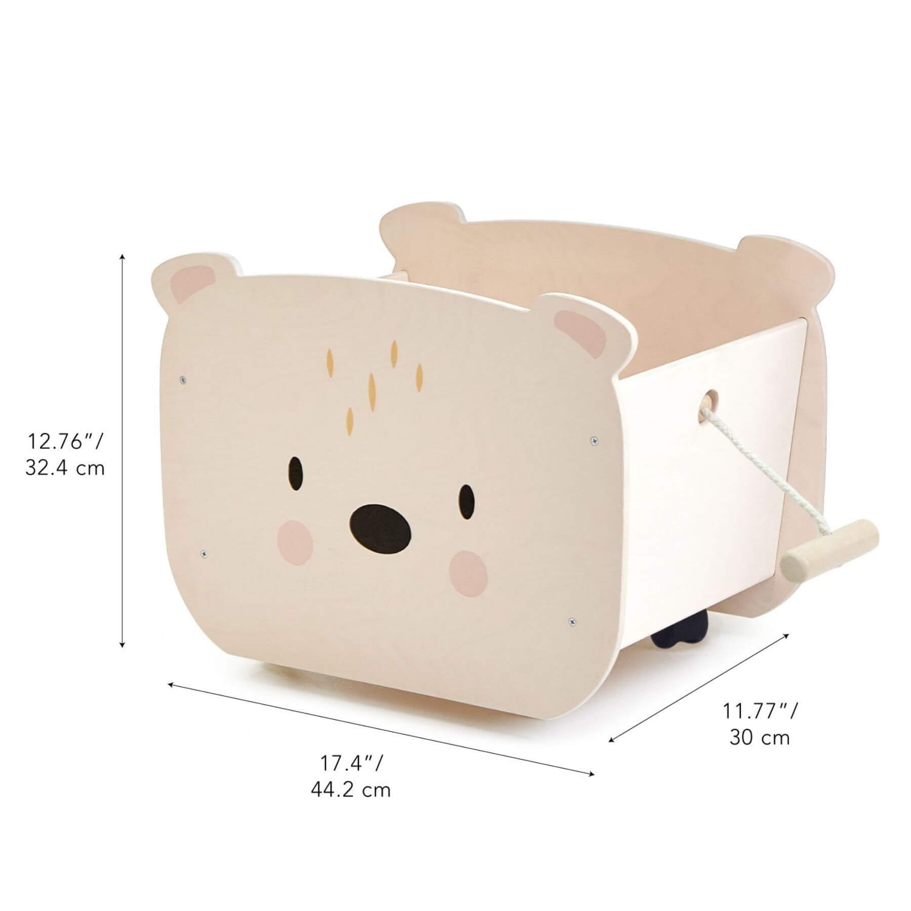 Tender Leaf Pull Along Bear Cart and dimensions on a white background