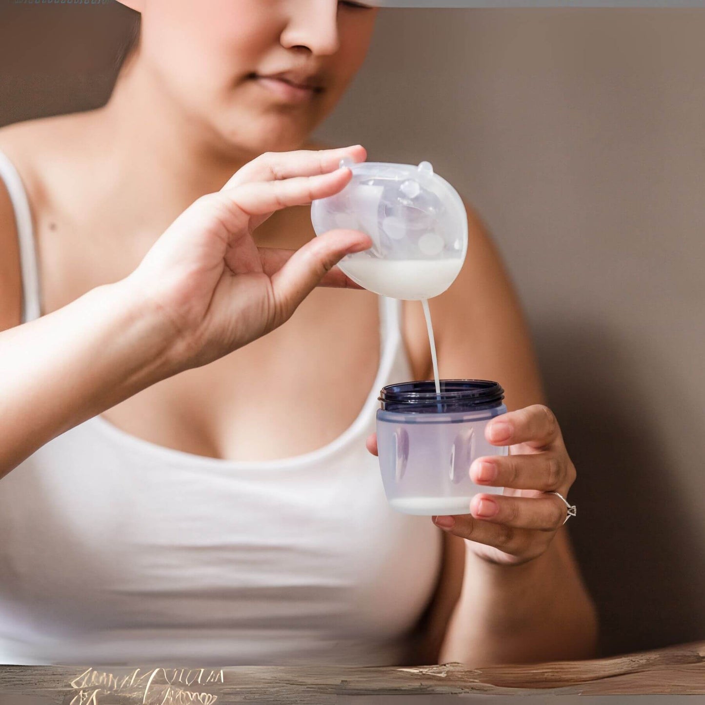 Woman pouring milk from a small container into a larger one