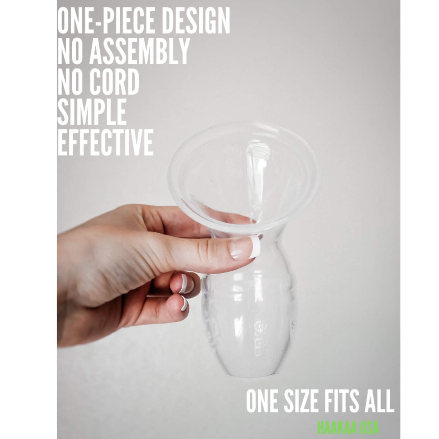 Haakaa Silicone Milk Collector Combo held by a hand with promotional text on a gray background