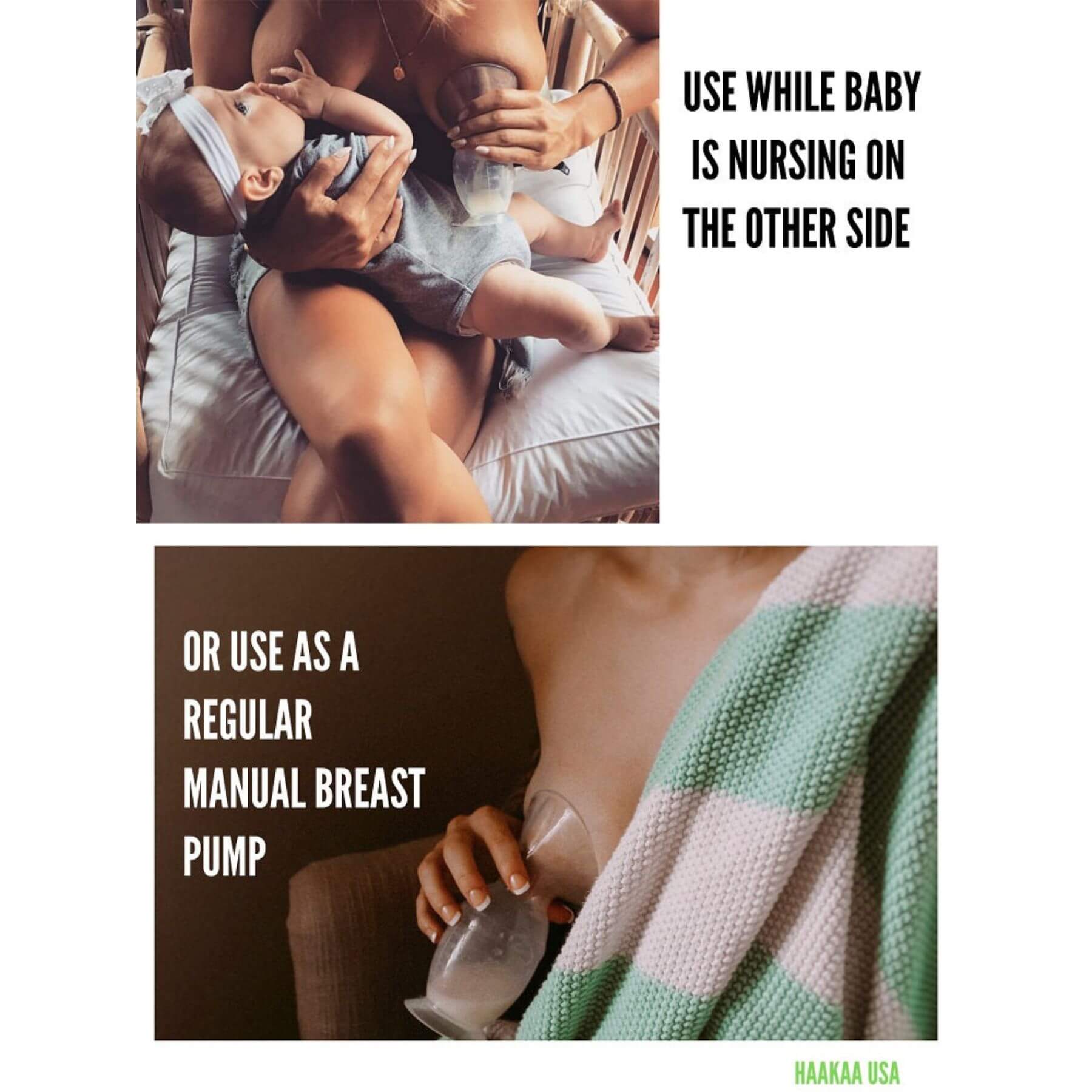 Product advertisement showing a baby being fed and a manual breast pump, with text indicating usage instructions.