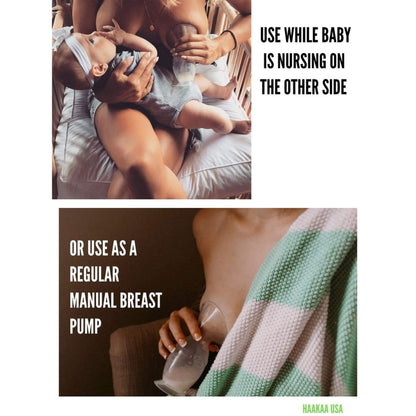 Product advertisement showing a baby being fed and a manual breast pump, with text indicating usage instructions.