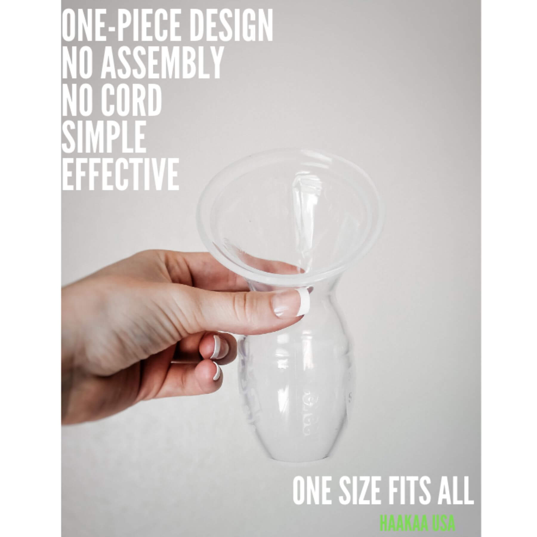 Clear plastic product held by a hand with promotional text on a gray background