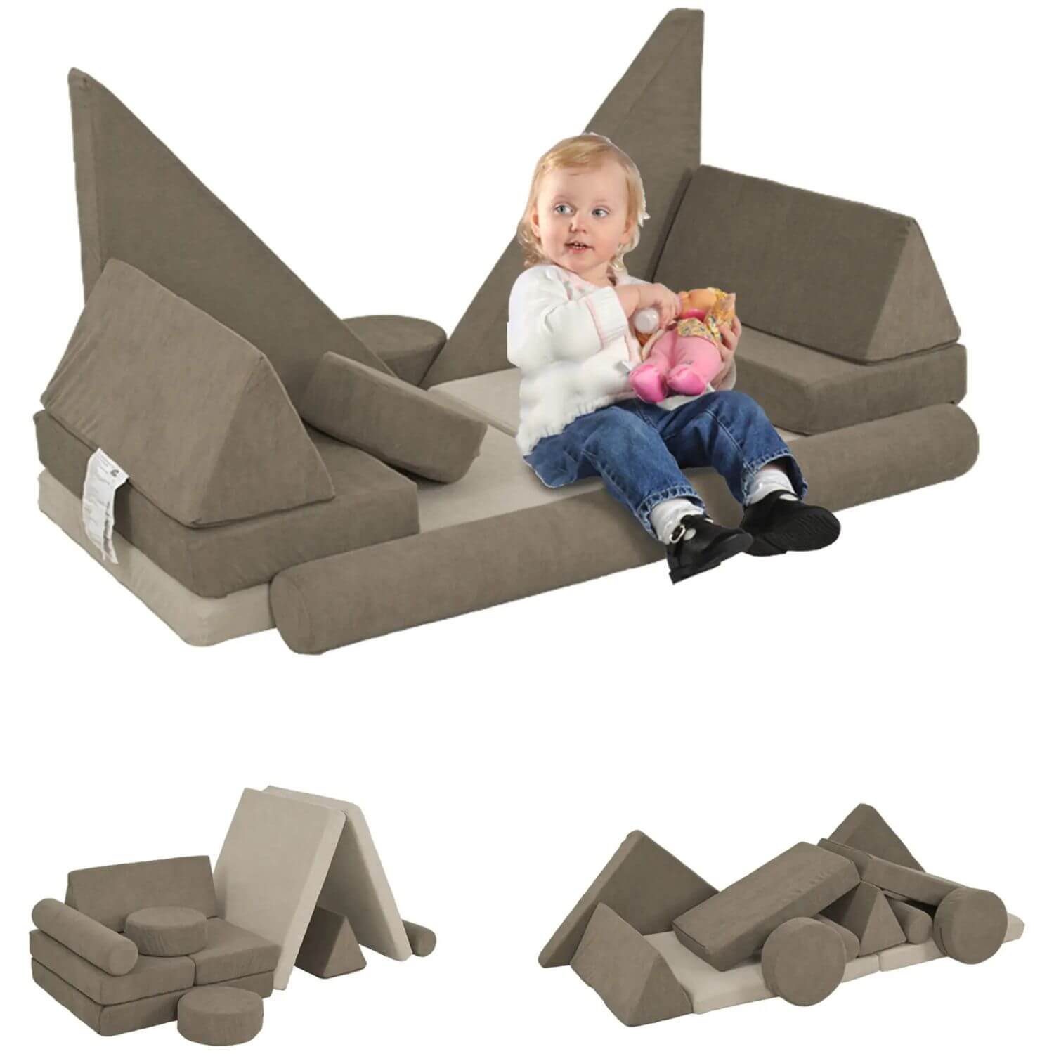 Boy Sitting on Qaba 12 Pieces Kids Foam Climbing Blocks Khaki