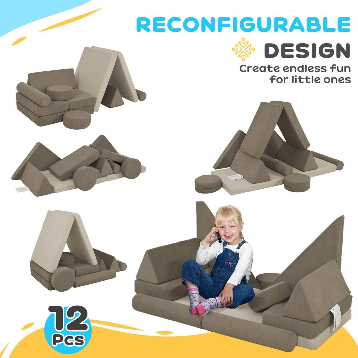 Qaba 12 Pieces Kids Foam Climbing Blocks Khaki