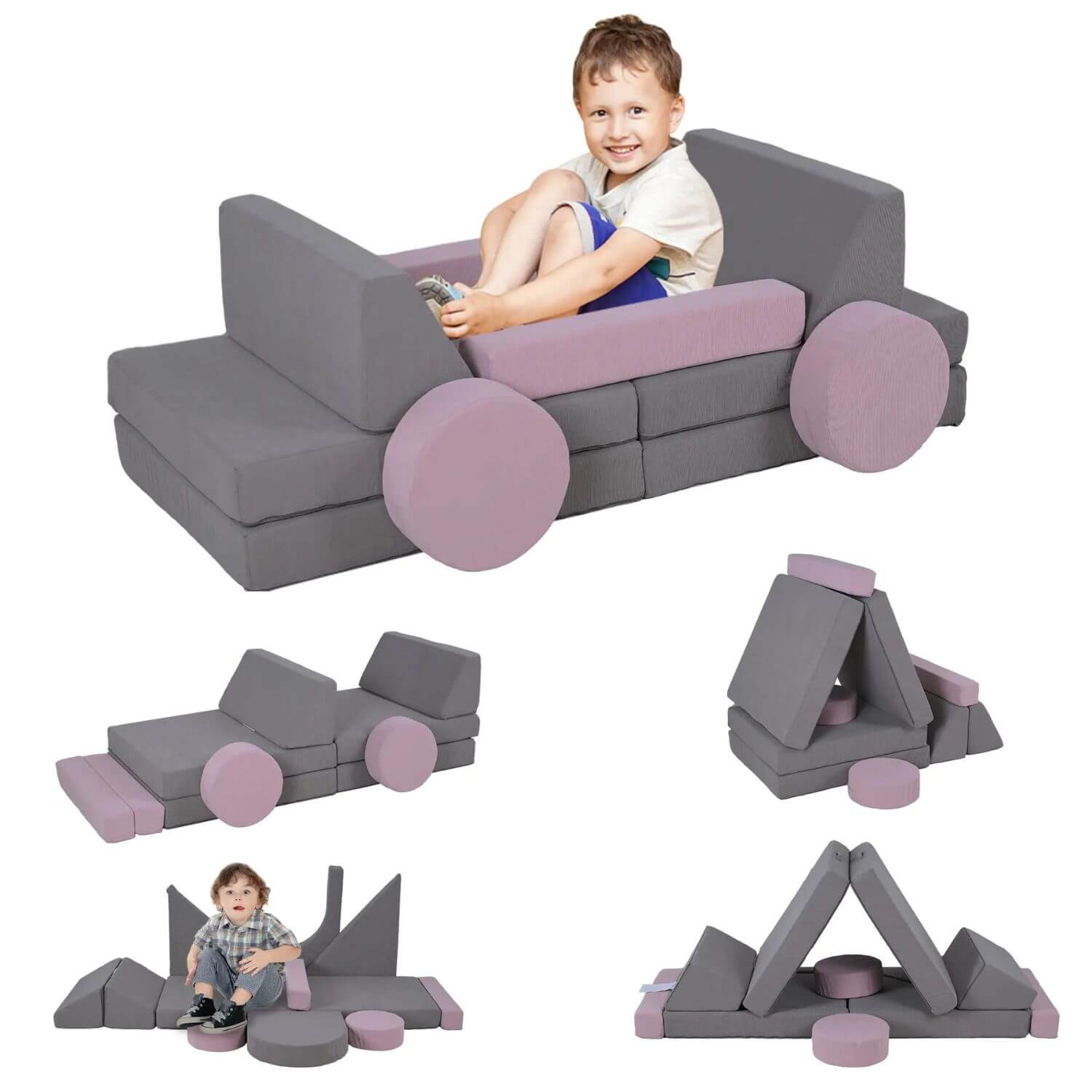 Kids Playing Qaba 12 Pieces Foam Climbing Blocks for Toddlers Gray & Pink