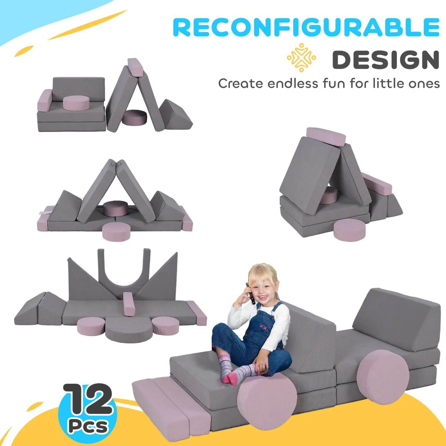 Qaba 12 Pieces Foam Climbing Blocks for Toddlers, Gray & Pink