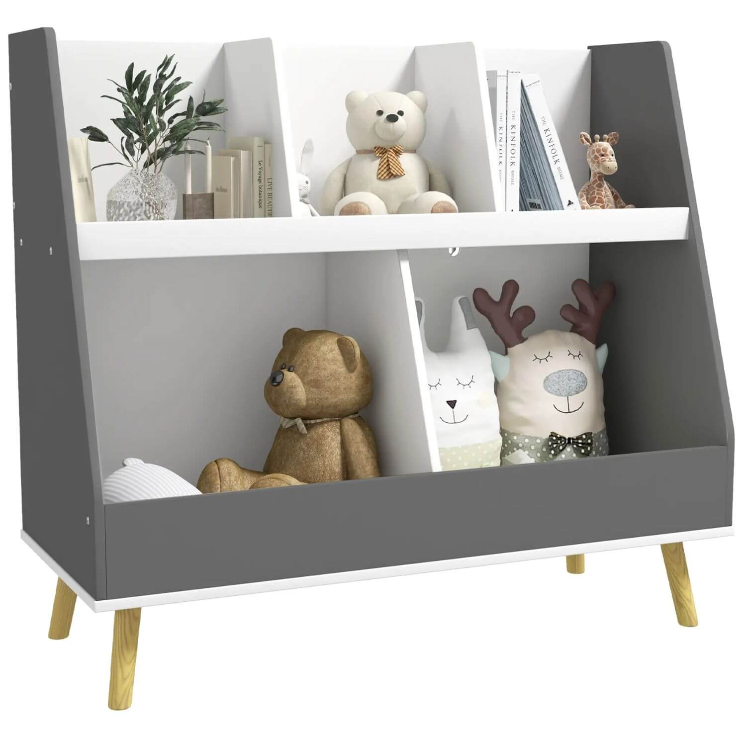 Qaba 2 Tier Kids Bookcase Toy Shelf with 5 Compartments Gray