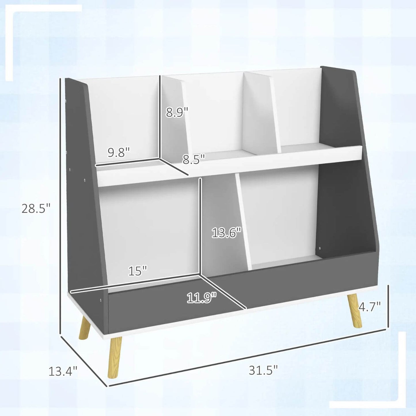 Qaba 2 Tier Kids Bookcase Toy Shelf with 5 Compartments Gray