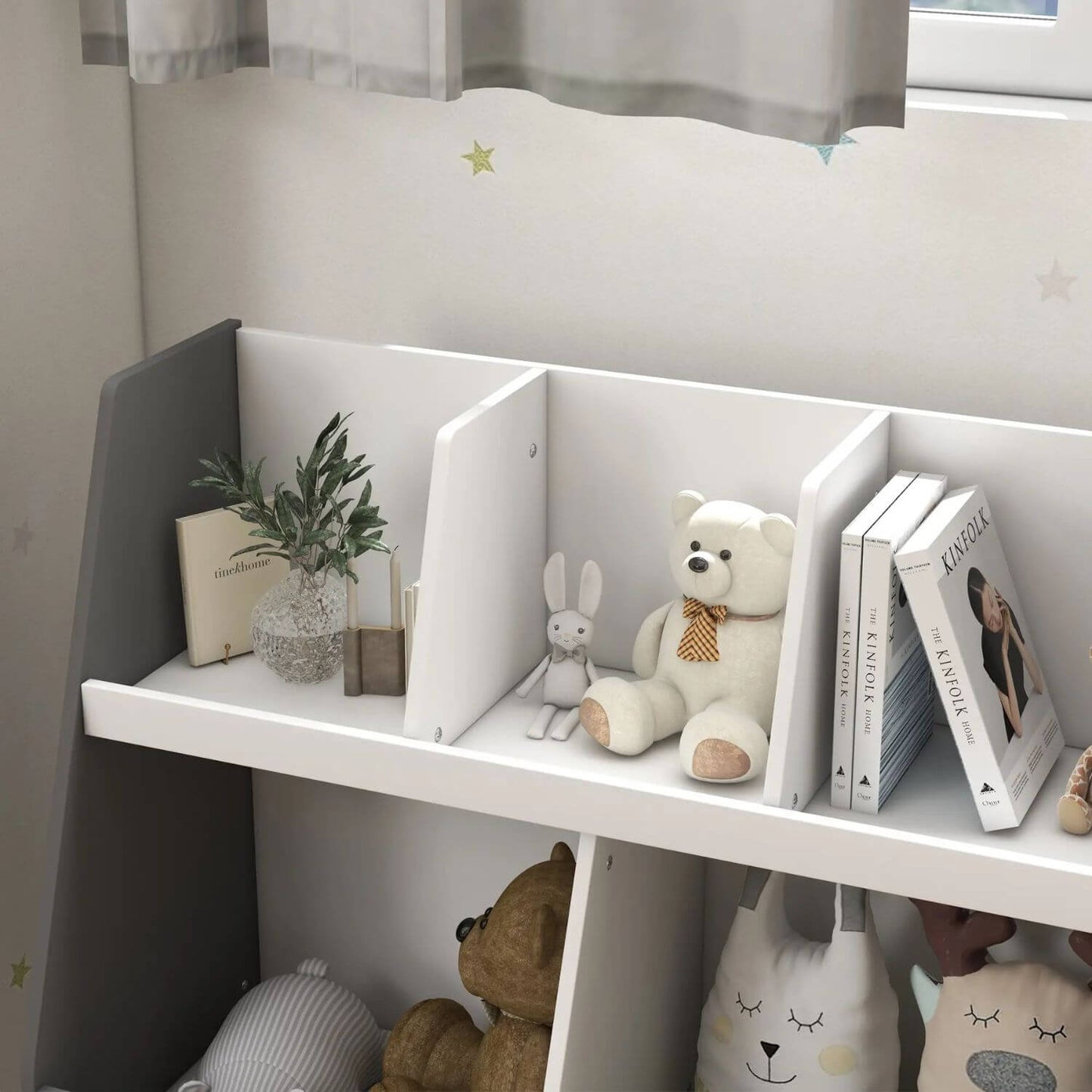 Detail of Qaba 2 Tier Kids Bookcase Toy Shelf with 5 Compartments Gray