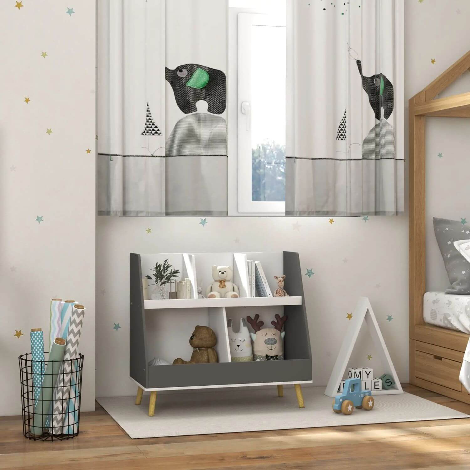 Qaba 2 Tier Kids Bookcase Toy Shelf with 5 Compartments Gray