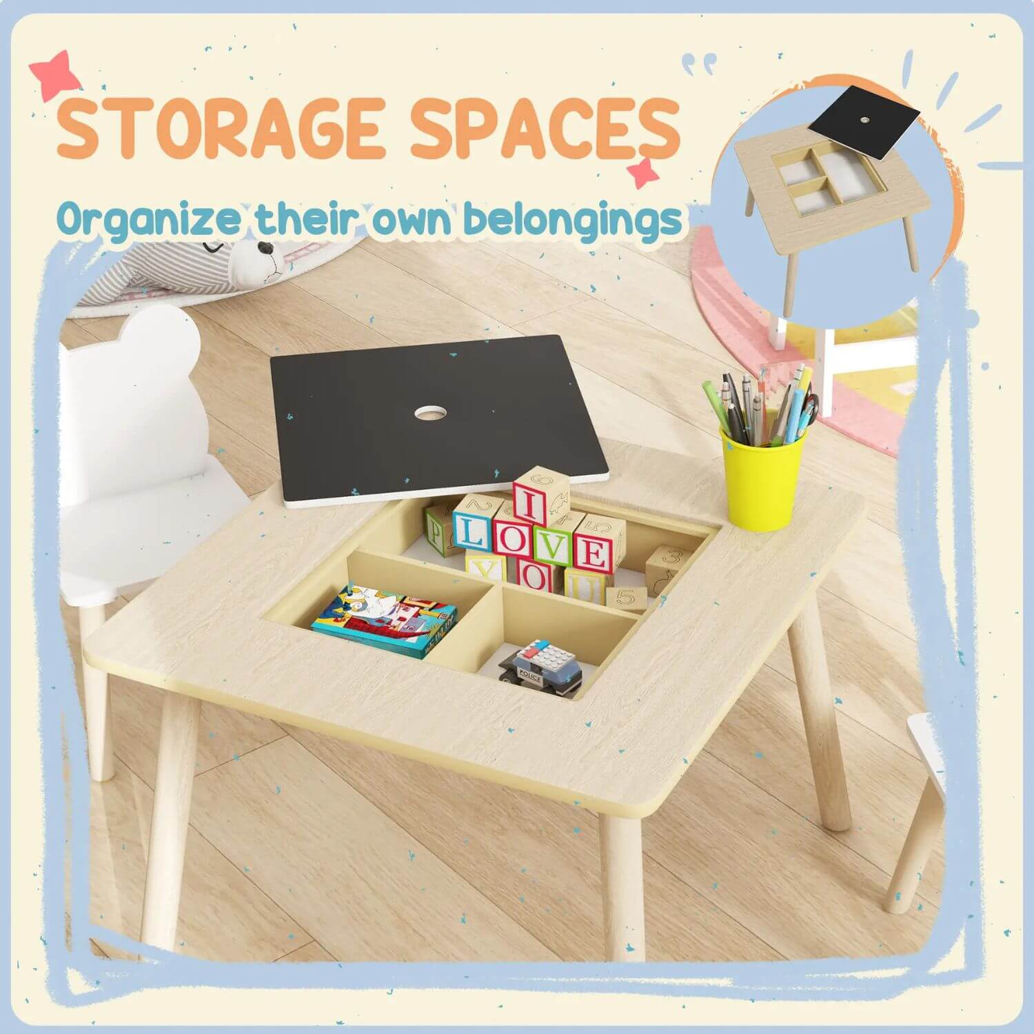 Qaba 3 Piece Kids Table and Chair Set, with Convertible Desk with Storage