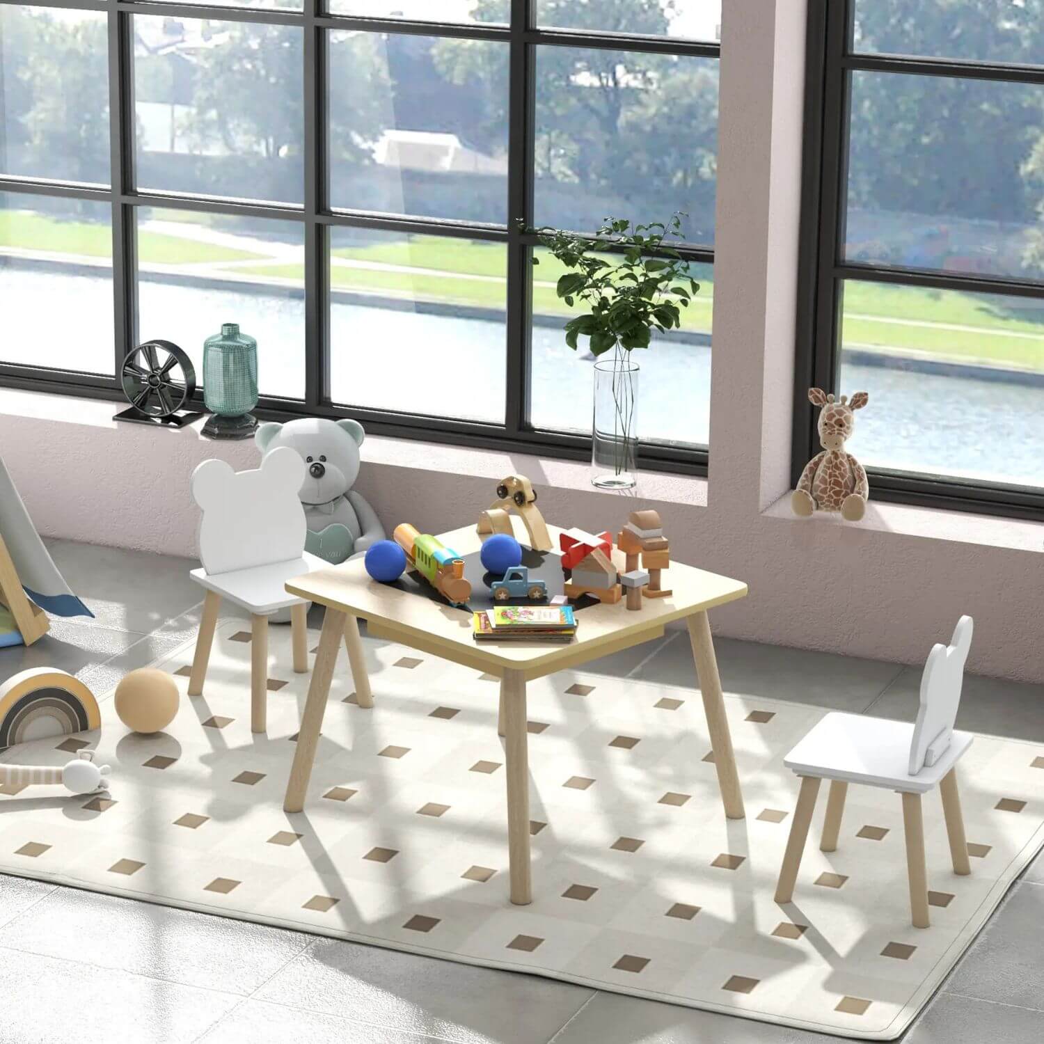 Qaba 3 Piece Kids Table and Chair Set, with Convertible Desk with Storage