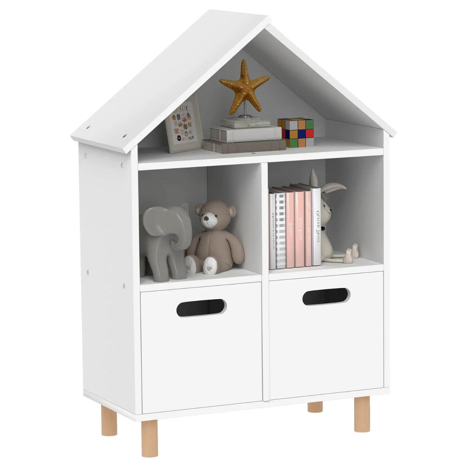 Qaba 3-Tier Kids Bookshelf with Two Drawers White