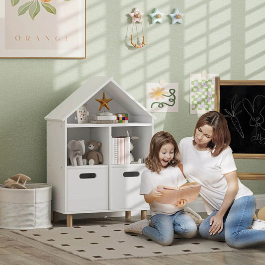 Mom & Kid Reading next to Qaba 3-Tier Kids Bookshelf with Two Drawers White