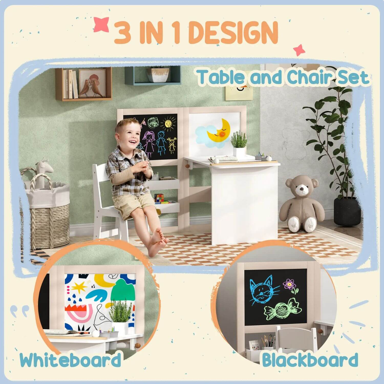 Boy Sitting at Qaba 3-in-1 Kids Table and Chair Set White