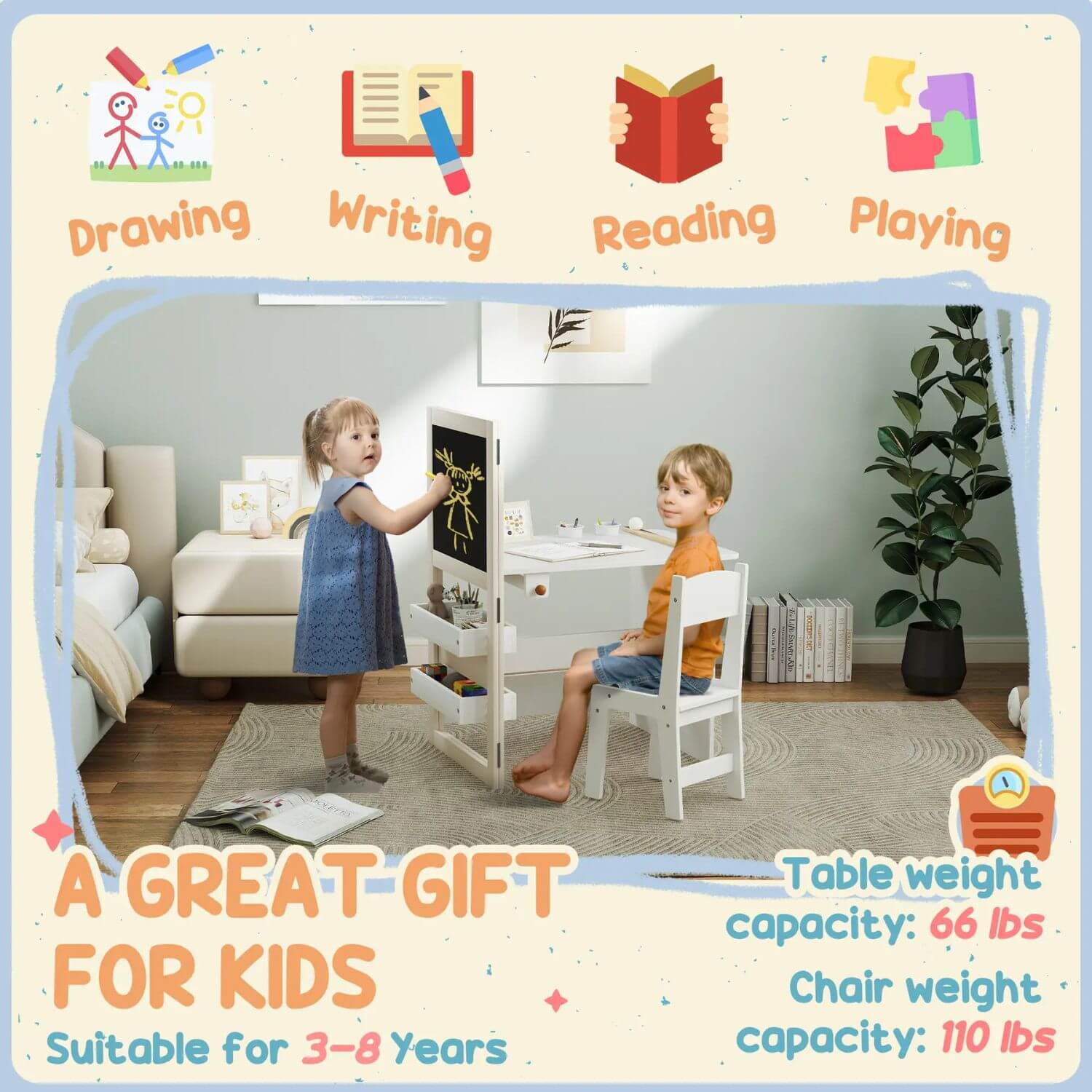 Kids Sitting at Qaba 3-in-1 Kids Table and Chair Set White