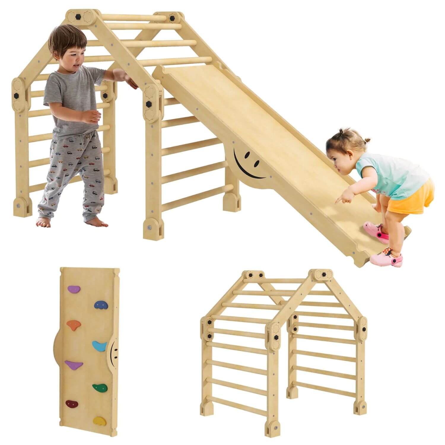 kids Playing Qaba 4-in-1 Indoor Toddler Climbing Toys with Ramp & Seesaw