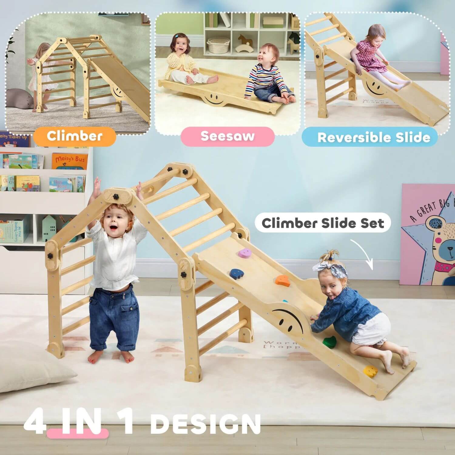 Kids Playing Qaba 4-in-1 Indoor Toddler Climbing Toys with Ramp & Seesaw