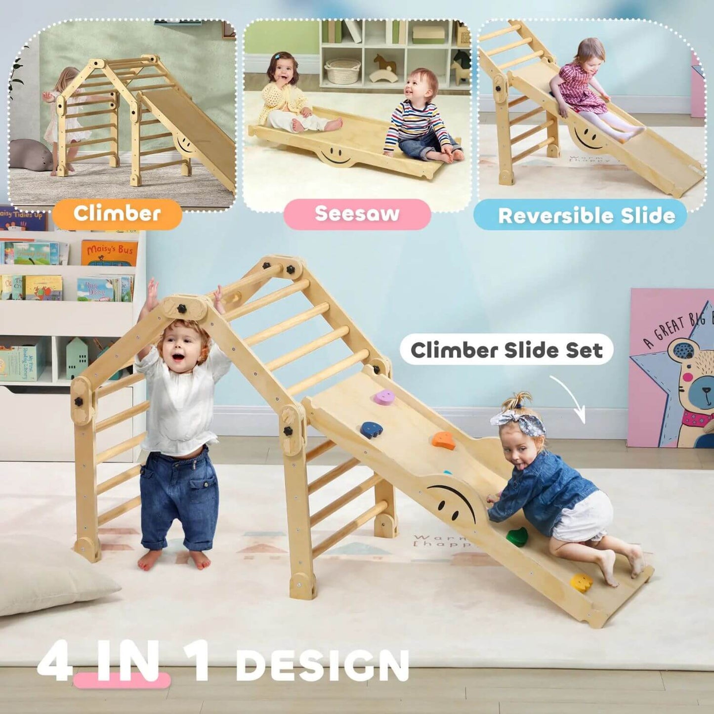 Kids Playing Qaba 4-in-1 Indoor Toddler Climbing Toys with Ramp & Seesaw