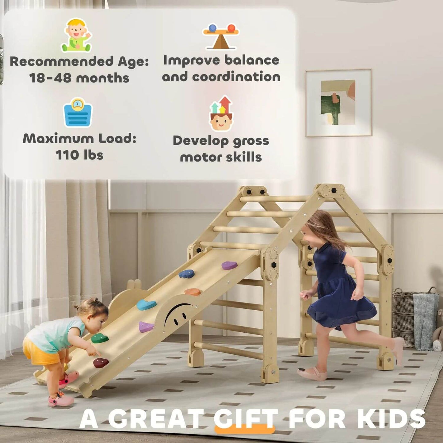 Girls Playing Qaba 4-in-1 Indoor Toddler Climbing Toys with Ramp & Seesaw