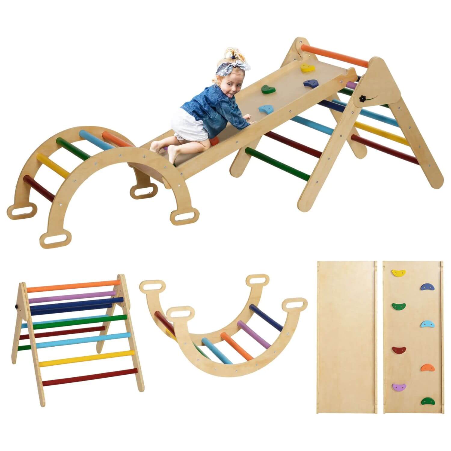 Qaba 5-in-1 Wooden Pikler Triangle Set Multicolor