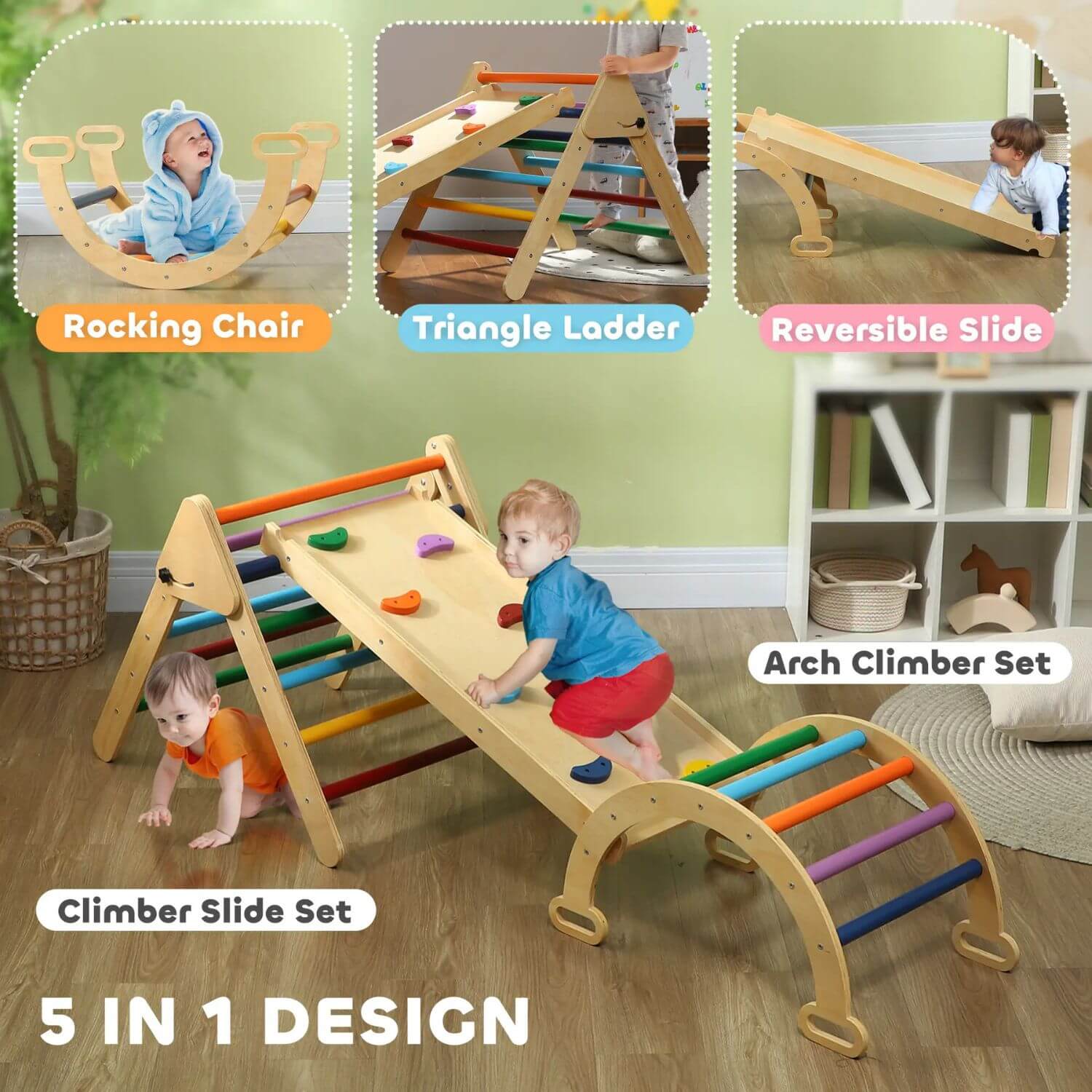 Kids Playing on Qaba 5-in-1 Wooden Pikler Triangle Set Multicolor